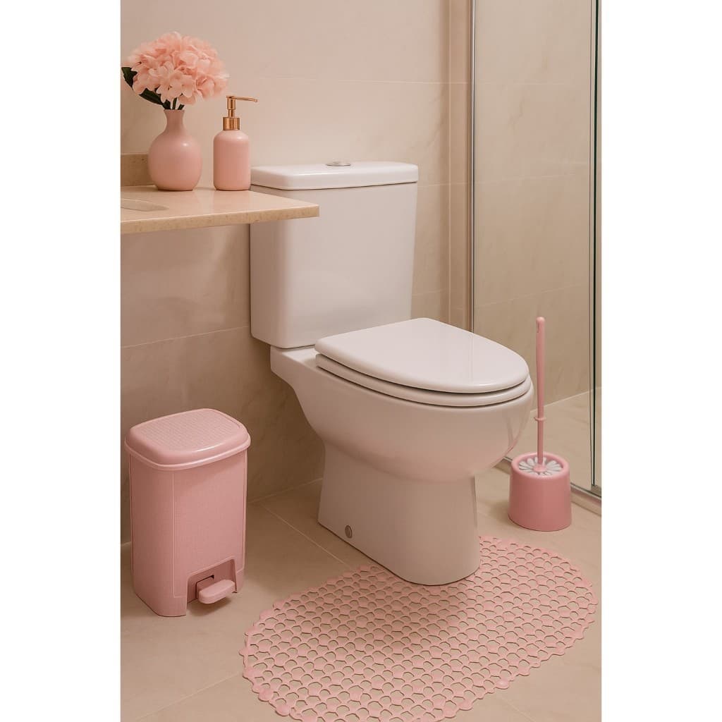 Kit Banheiro Rosa Lixeira Rattan com Pedal Escova Sanitária Conjunto Higiene Elegante
