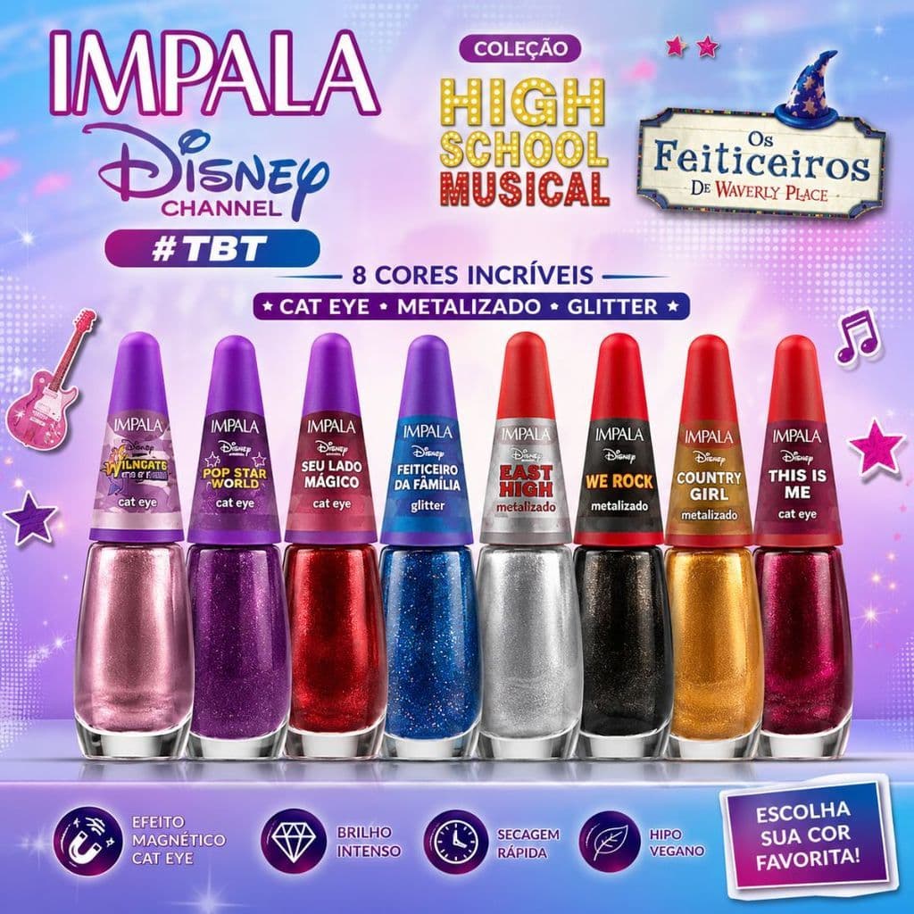 Esmalte Impala Disney Original | Cat Eye, Metalizado e Glitter | High School Musical e Feiticeiros | Cores