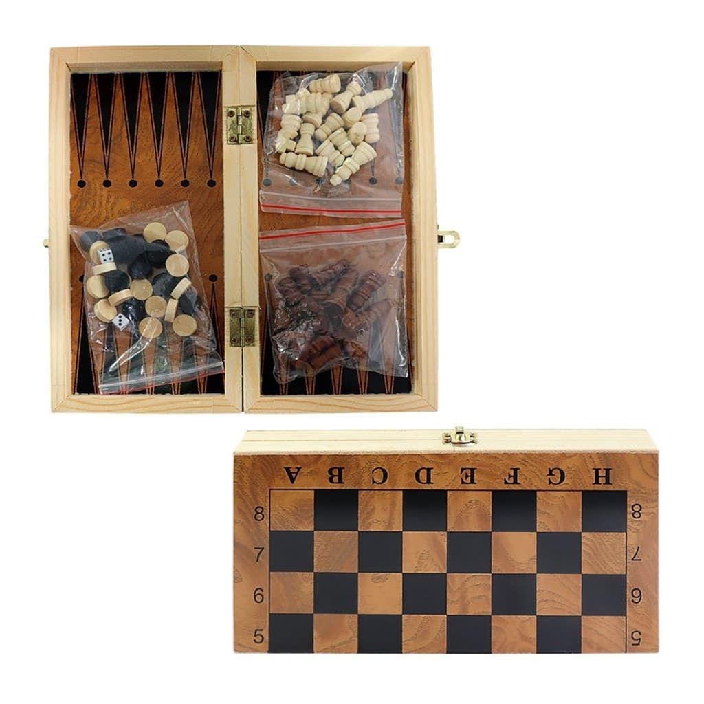 Xadrez Damas Gamão Tabuleiro de Madeira Estojo 3 em 1 24x24cm
