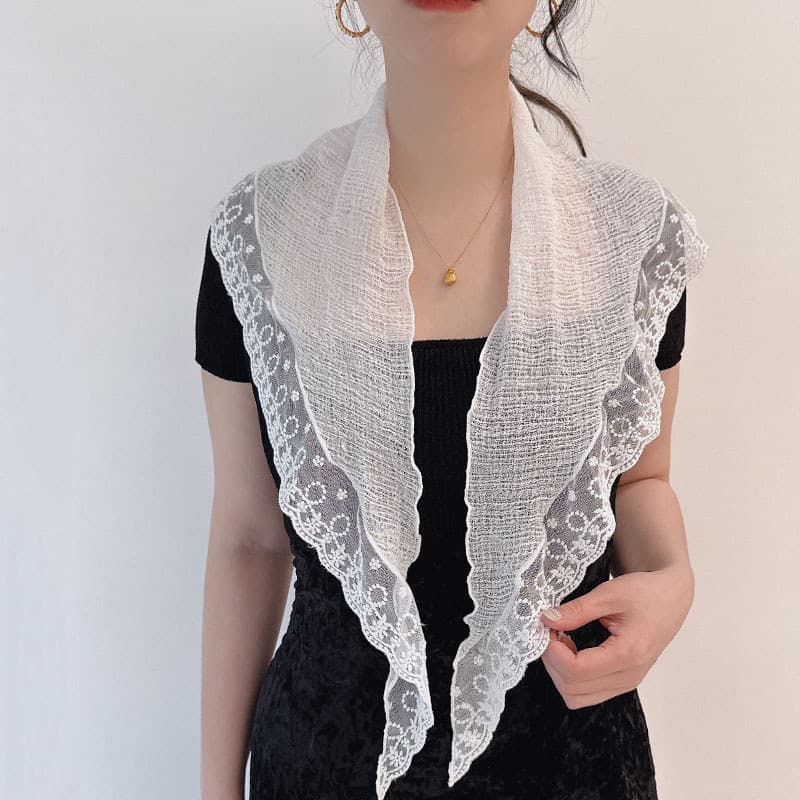 Estilo preguiçoso doce renda grande triângulo cachecol feminino elegante pescoço proteção xale cachecol macio plissado 1