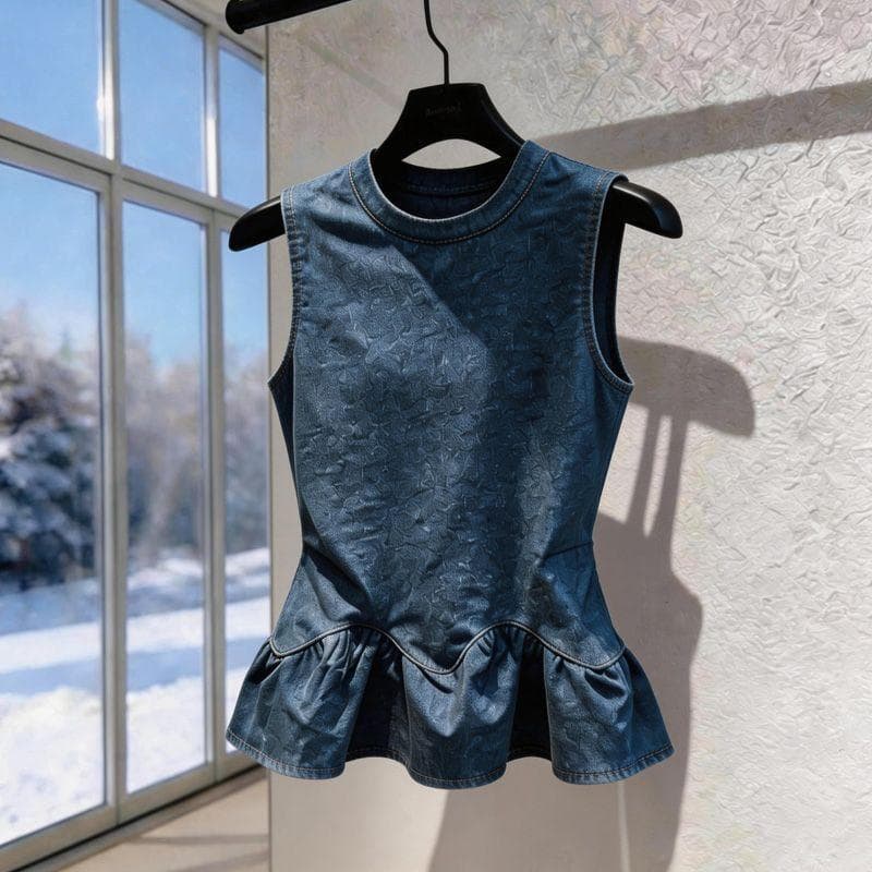 [Seckill por tempo limitado] Retro angustiado Denim babados manga curta topo feminino verão novo estilo Design Super bon