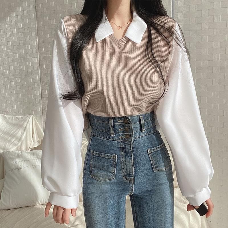 Top de manga comprida com rosca 2026 tamanho grande gordura mm falso camiseta de duas peças feminina costura gola POLO m