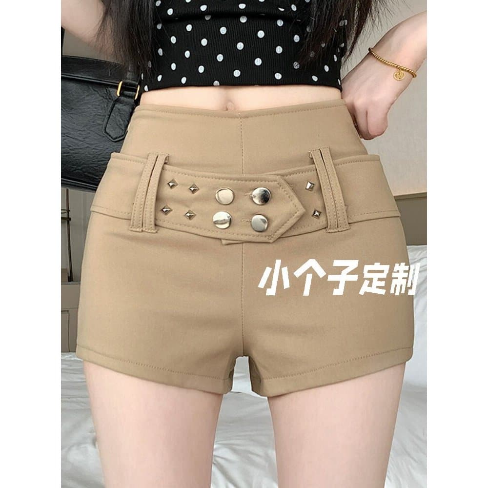 Americano Retro cáqui rebites Shorts casuais feminino verão pequeno cintura alta elástico All-Match Hip-embalado calças