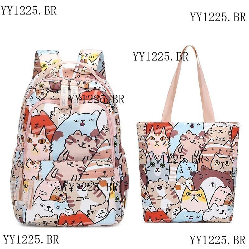 2 Unidades/Conjunto Bonito Desenho Animado Colorido Gato Padrão Mochila À Prova D'água E Bolsa De Ombro Para Meninas