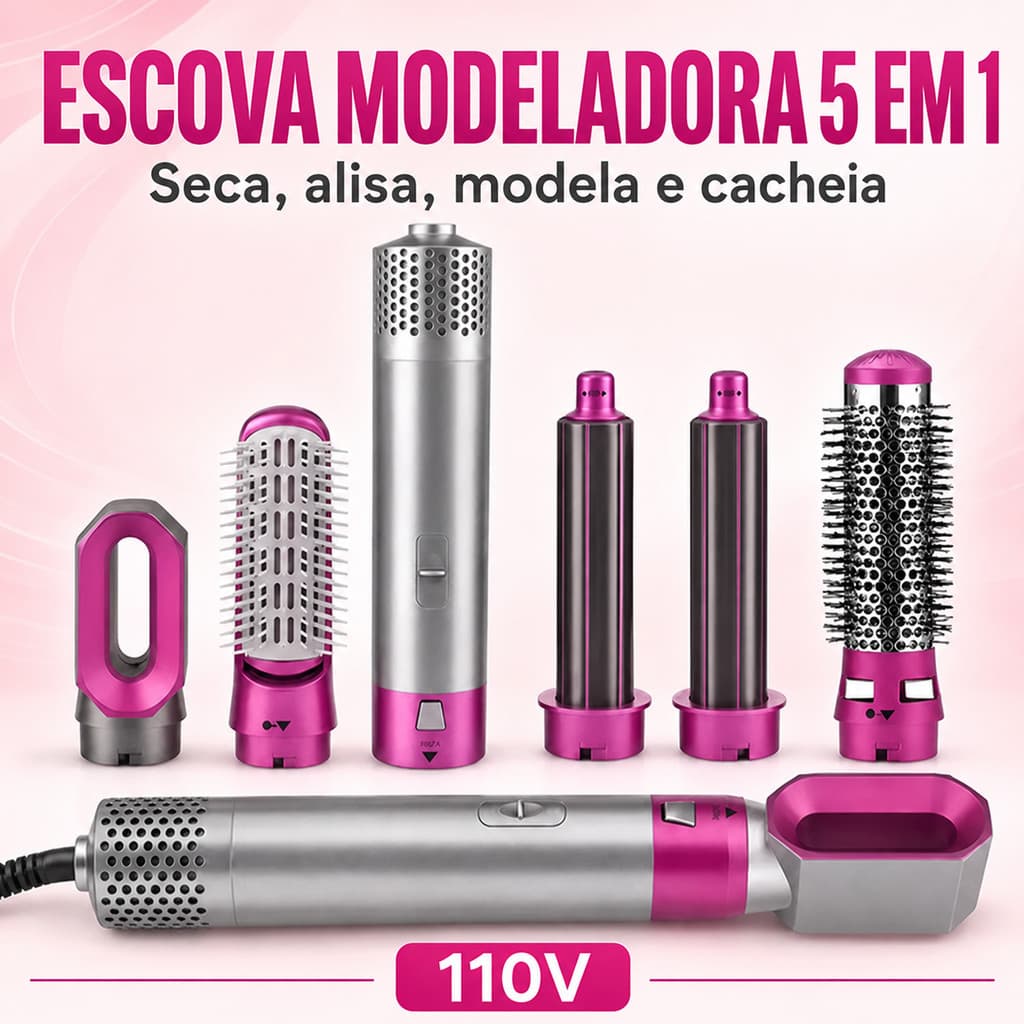 Escova Secadora Alisadora Modeladora Cachos 5 Em 1 110v Rosa Com Acessórios