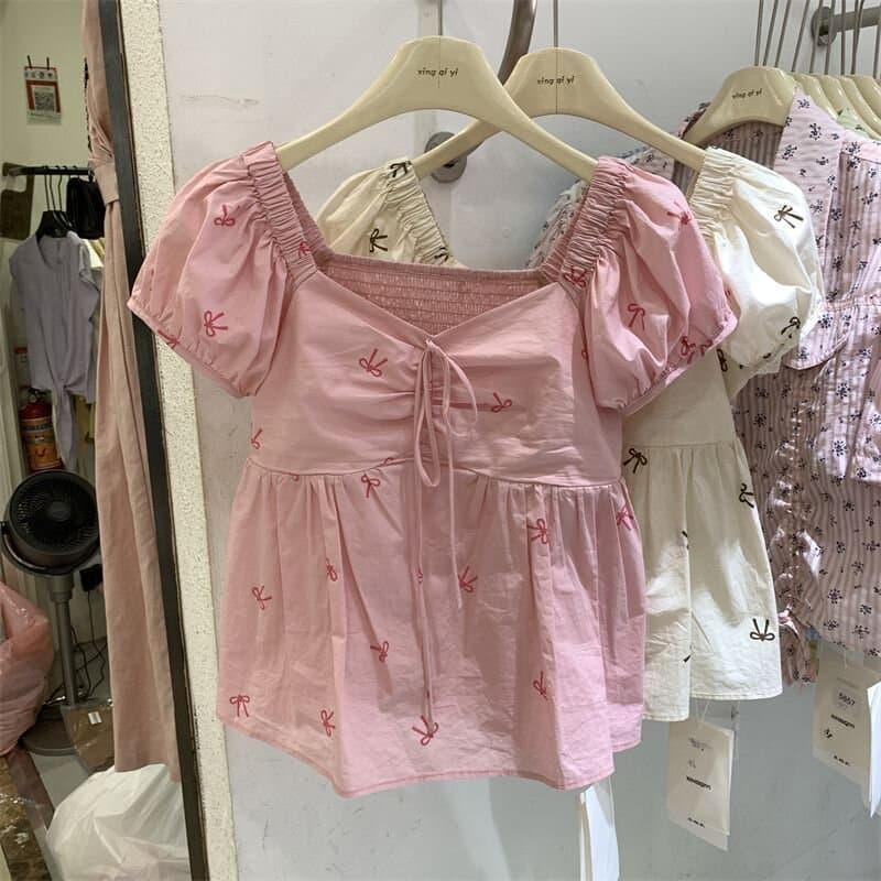 Pulôver de manga curta Super fada impresso camisa pequena gola quadrada manga bufante blusa solta All-Match camisa Flora