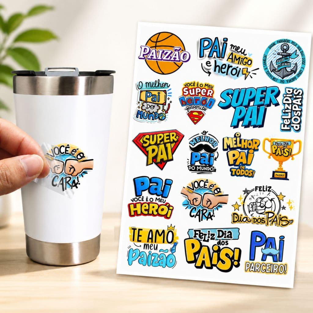 Cartela Adesivo DTF UV A4 - DIA DOS PAIS 9 - Para Personalizados, Lembrancinhas, Canecas, Copos, Garrafas e Presentes