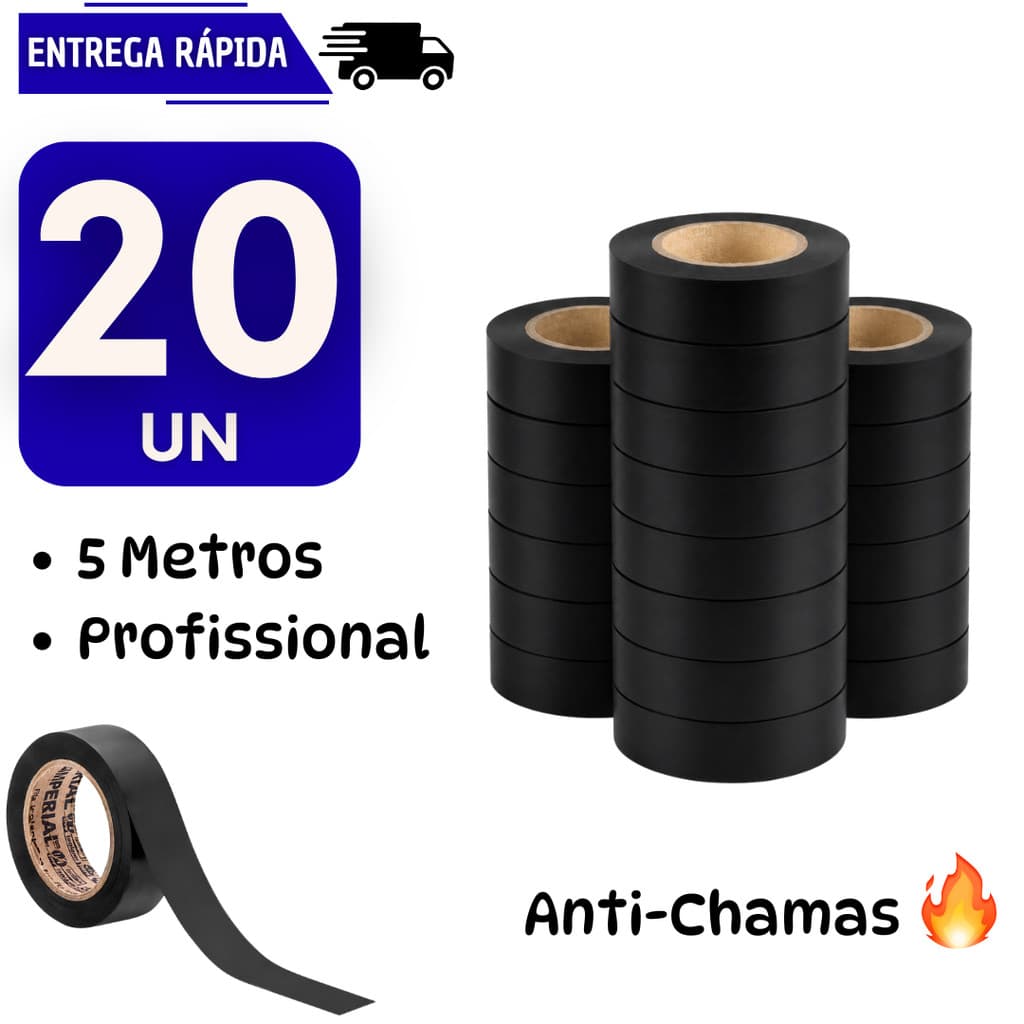 20 Fita Isolante Preta 20 metros Antichama Instalações Elétricas Alta Resistência Uso Profissional Fitas