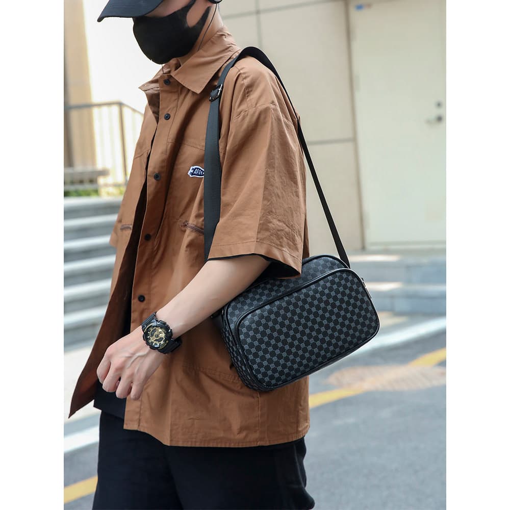Street Wear masculino Casual xadrez bolsa de ombro novo estilo na moda versão coreana bolsa mensageiro de couro moda peq