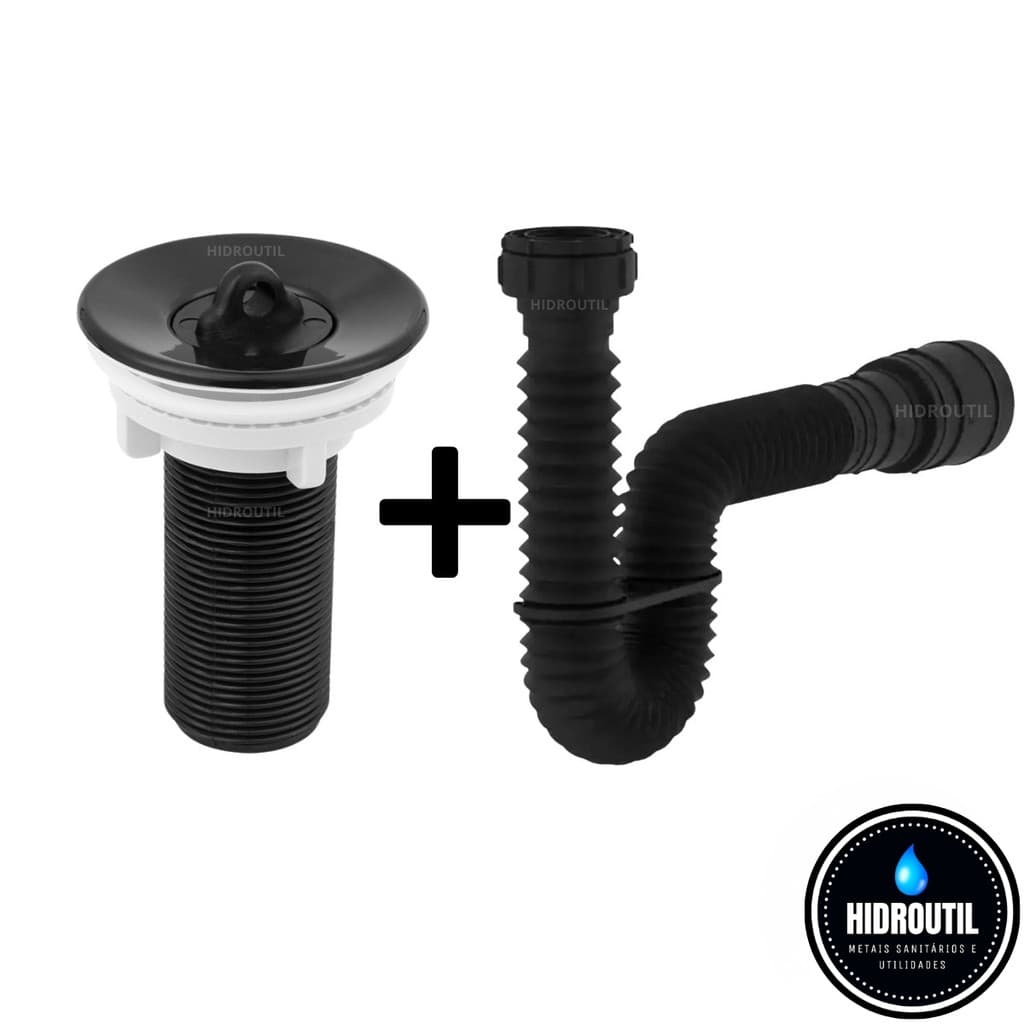 Kit Válvula Preta Lavatório 7/8 Cuba Sifão Sanfonado Universal Extensivo Preto