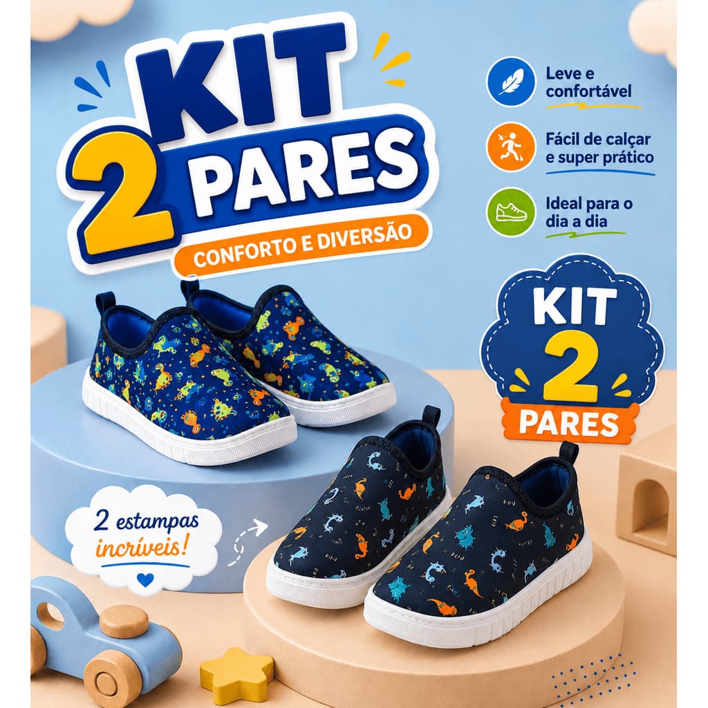 Kit 2 Slip On Infantil Menino Estampado Colorido Tênis Casual Leve e Super Confortável