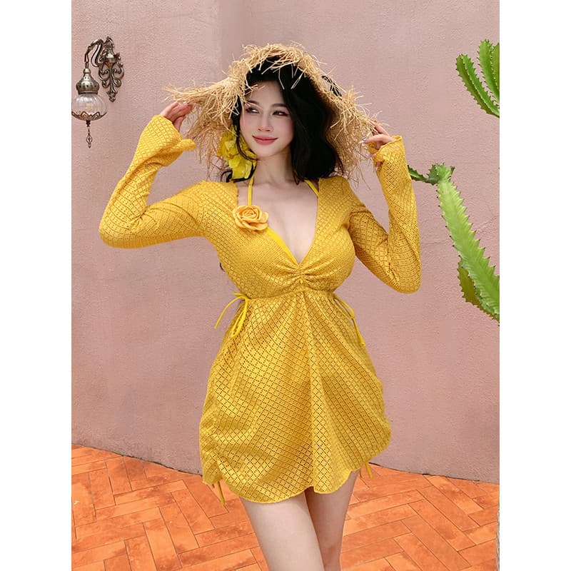 2026 novo estilo Split maiô feminino dopamina amarelo oco tamanho grande biquíni terno de três peças ligeiramente gordo