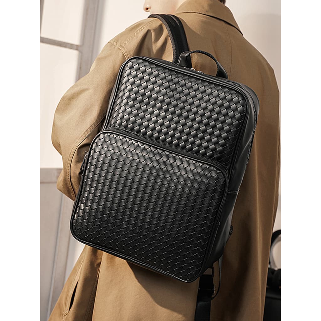 Genuíno couro genuíno trançado mochila masculina Street Wear Casual mochila grande marca leve luxo versão coreana simple