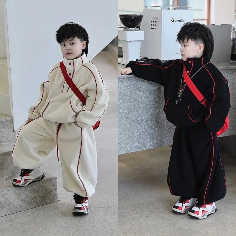 Meninos Ollie forro de veludo espessamento terno 2026 inverno novo estilo médio pequenas crianças simples bonito quente