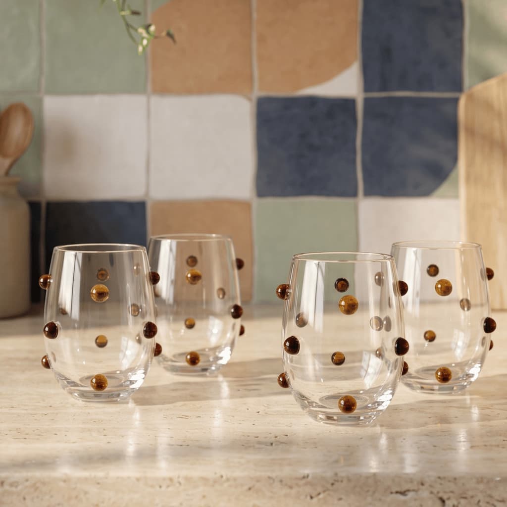 Jogo de 4 Copos de Vidro Baixo Confetti Copo de Água Vidro Transparente Esferas Relevo Âmbar 525ML
