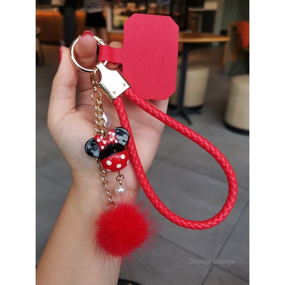 Alça de celular com pingente pequeno do Mickey e da Minnie para homens e mulheres, pulseira de couro portátil para celul