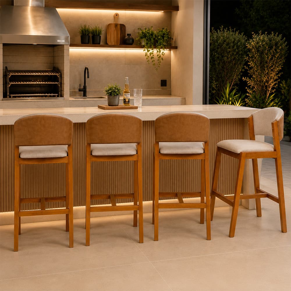 Kit 4 Banquetas Alta Madeira Maciça Encosto Estofado Linho Bancada Área Gourmet Movellu Home