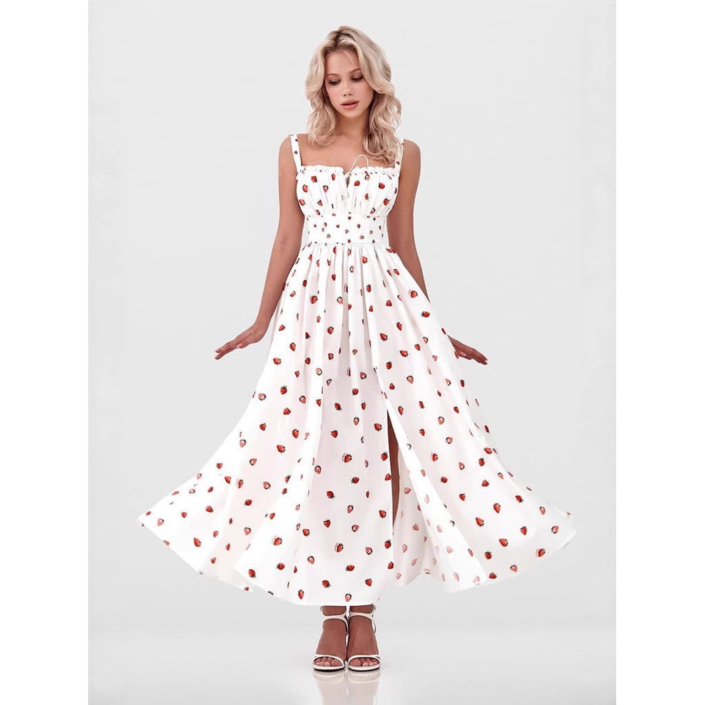 Cross-Border fresco doce estilo feminino morango impresso estilingue vestido feminino cintura alta fenda amarrado saia l