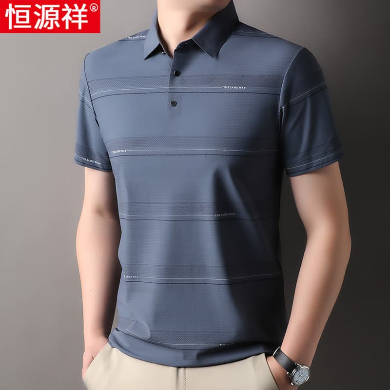 Hengyuanxiang Pai Idoso de Meia-idade Vestido de Verão Lapela Camiseta de Seda Gelo Masculina de Secagem Rápida Média