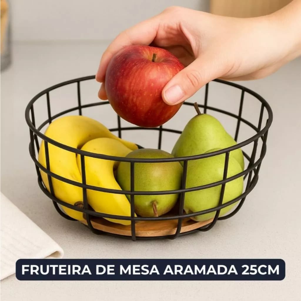Fruteira De Mesa Aramada Preta Madeira Redonda LUXO 25cm