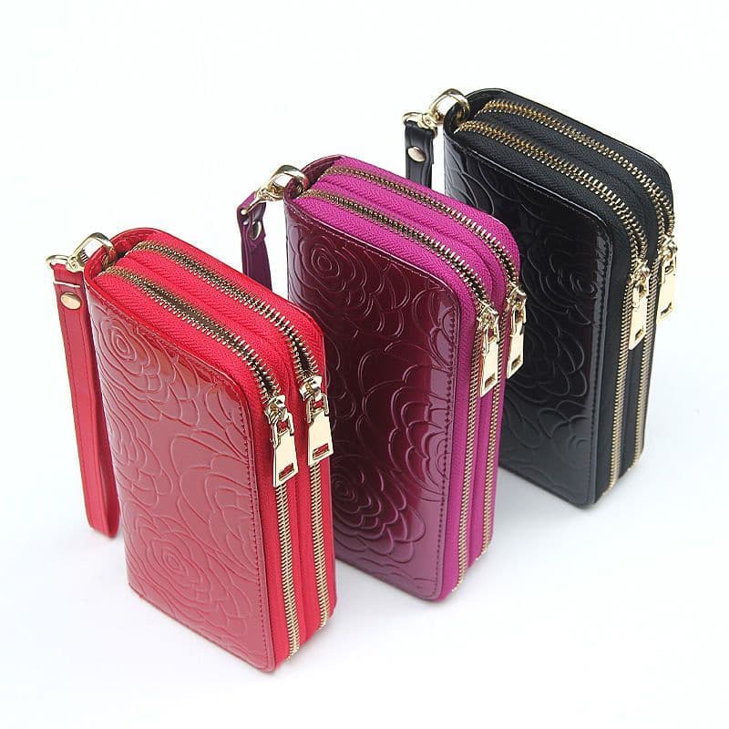 Bolsa para celular de grande capacidade, zíper duplo, vários compartimentos, carteira de pulso, cor sólida, elegante, le