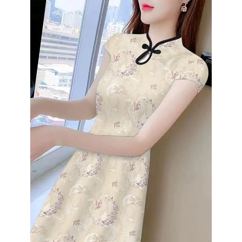 Vestido Cheongsam melhorado de tamanho médio, High-End, crianças, verão, novo estilo, moda, estampado, fundo estreito @-