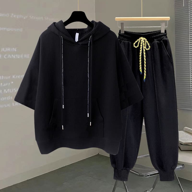 Versão coreana zíper com capuz camiseta de manga curta terno estilo Hong Kong verão bonito All-Match Casual cinco-Po