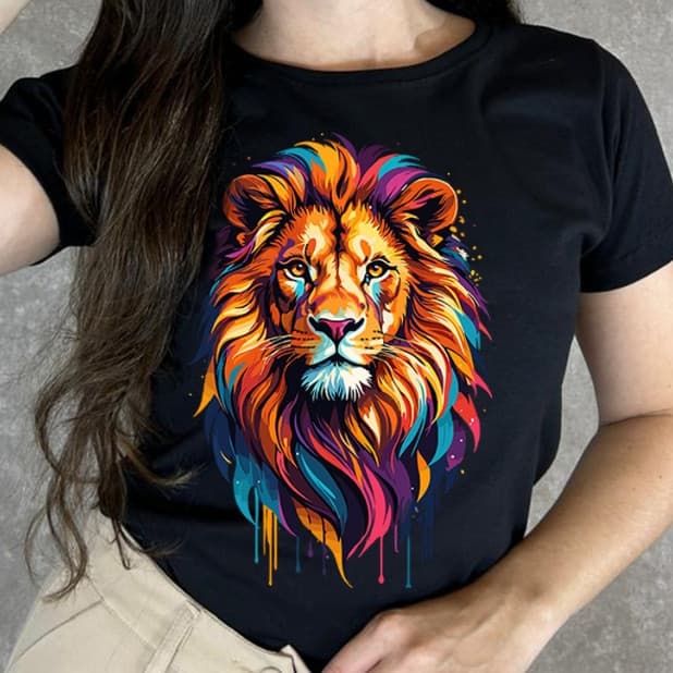 Camiseta Leão Colorido Babylook Feminina 100% Algodão