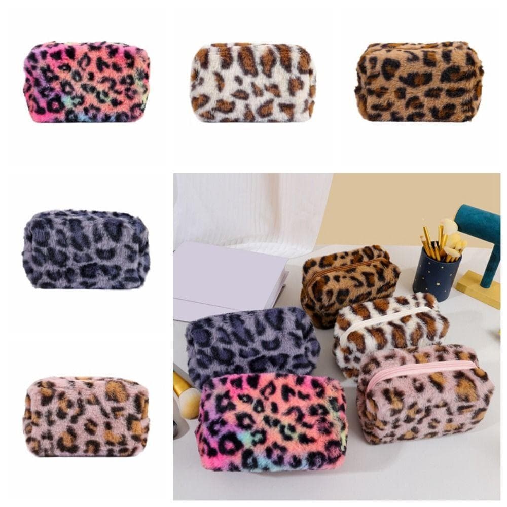 BLUEVELVETQW Bolsa Cosmética Feminina , Bolsas De Maquiagem De Pelúcia Macias Com Estampa De Leopardo , Organizador Durá