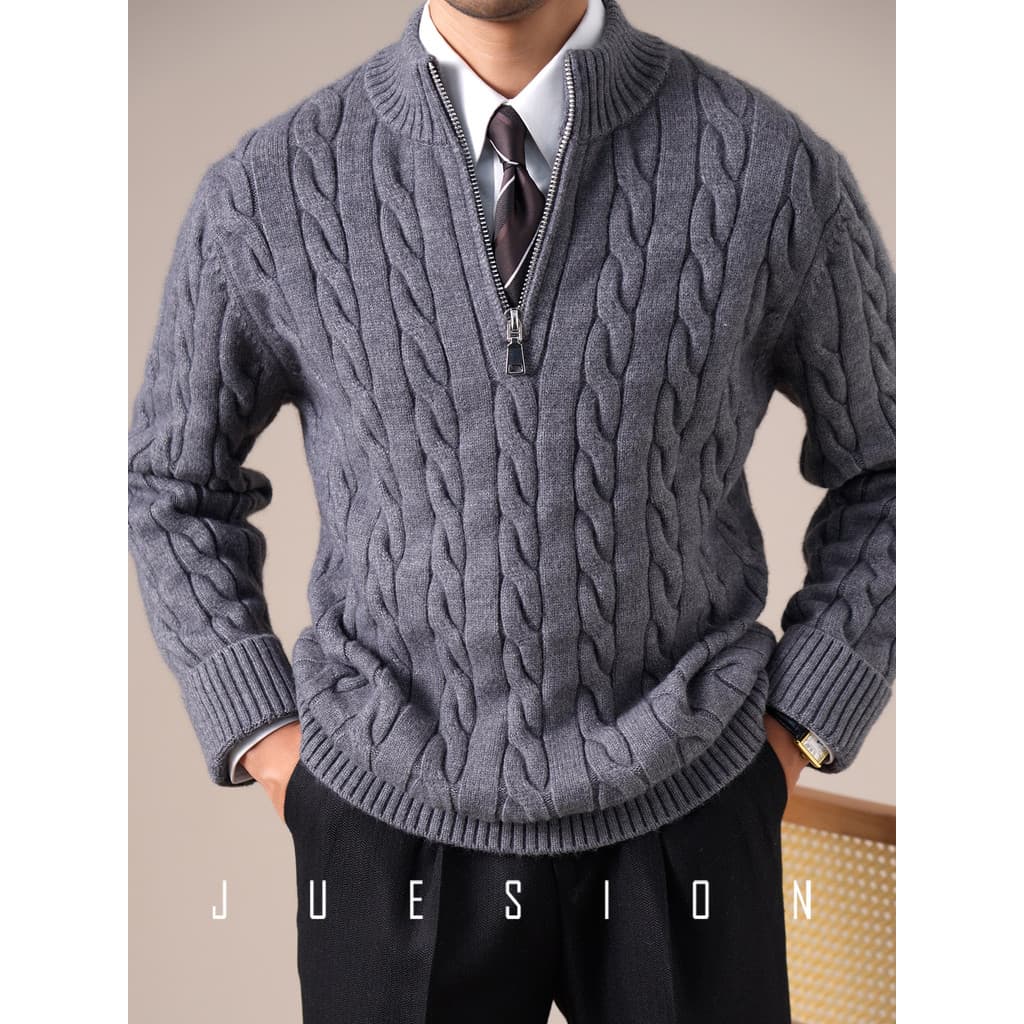 Jucean meio zíper camisola masculina outono inverno estilo grosso quente torcido pulôver Casual Retro masculino malha to