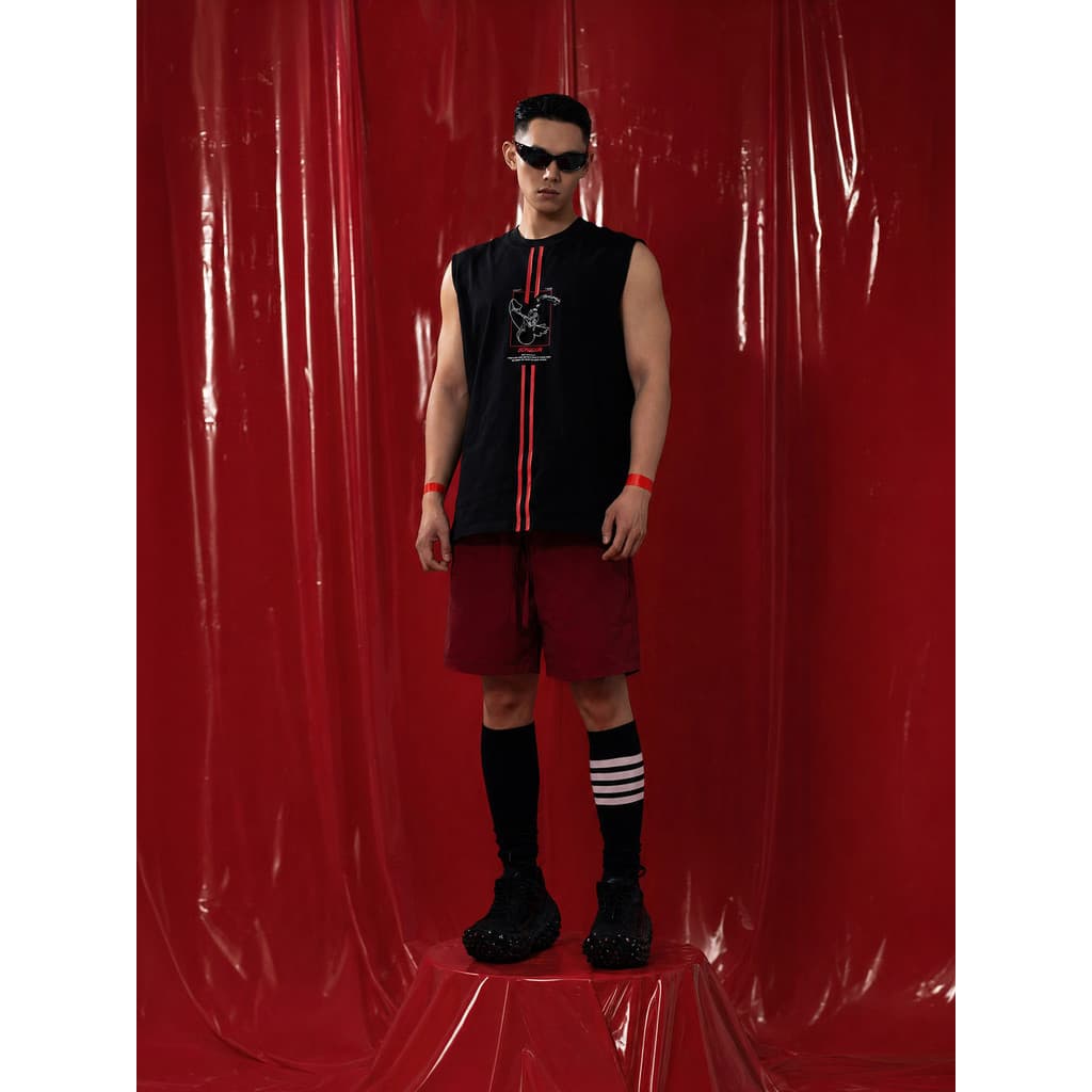 CLP Preto Listras Vermelhas Estampa de Desenhos Animados Sem Mangas Colete Masculino Solto Esportes Casual Colete Fitnes