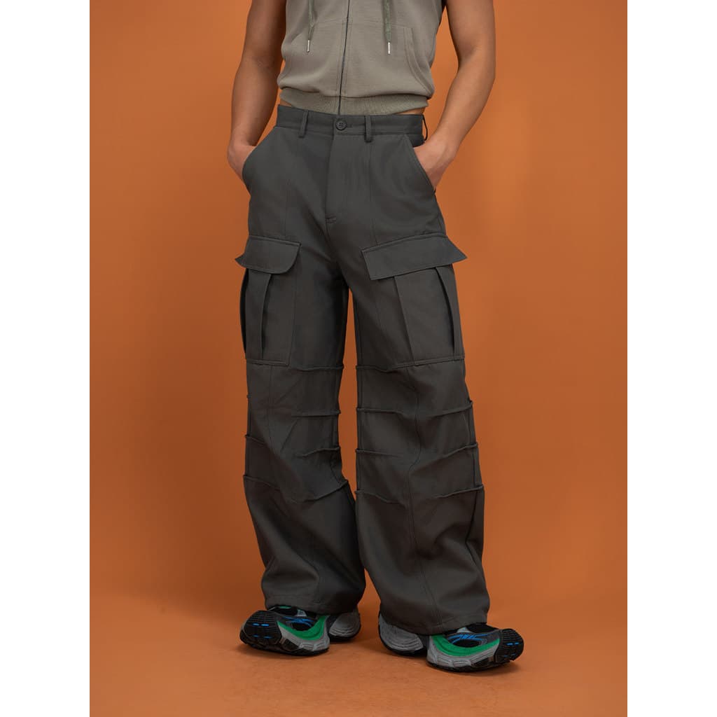 CLP Preto Cinza Verde Multi-camada Calças Plissadas Multi-Bolso Macacão Calças Casuais Perna Larga Solta Calças Retas da