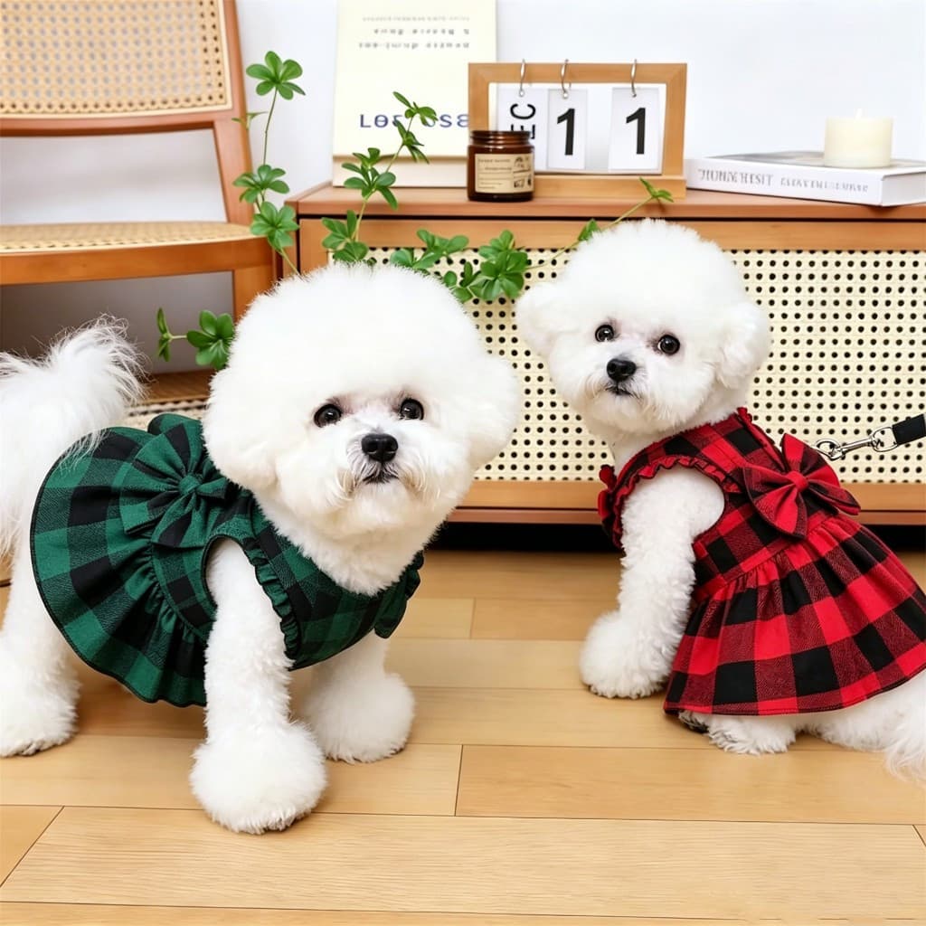 Fantasia De Natal Para Animais De Estimação – Vestido Xadrez Com Babados Ursinho De Pelúcia E Cães Pequenos
