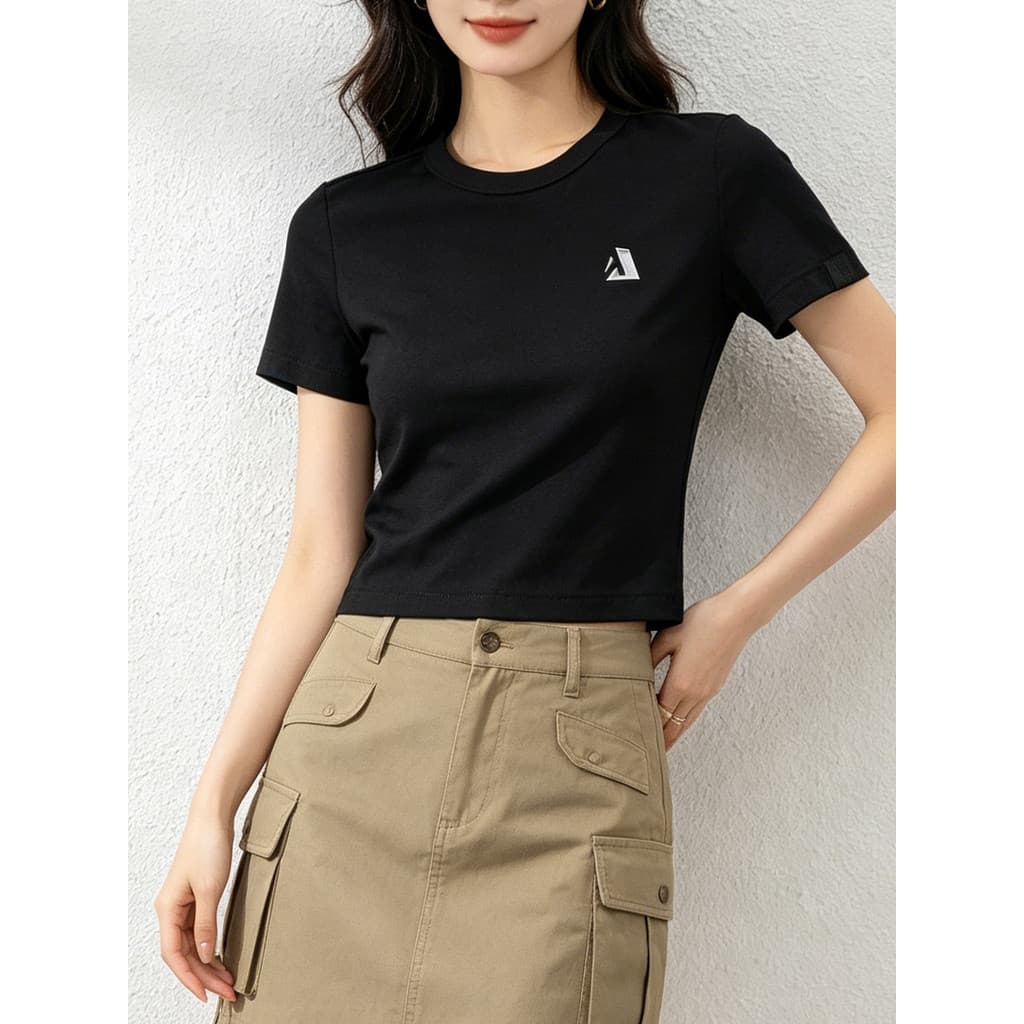 Capaz JEANS camiseta de manga curta feminina curta cintura alta impressa apertada estiramento camiseta em torno do pesco