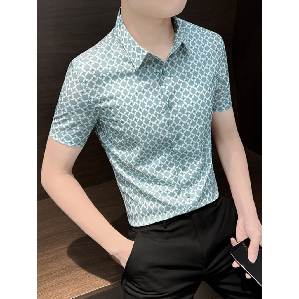 Verão Street Wear High-End gelo seda rufião bonito masculino de manga curta flor camisa 2024 novo estilo magro-ajuste im