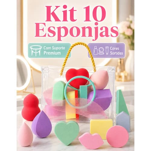 Kit 10 Esponjas Super Macia Rosto Maquiagem Facial Com Suporte Base Corretivo Feminino Presente Completo Conjunto Espum