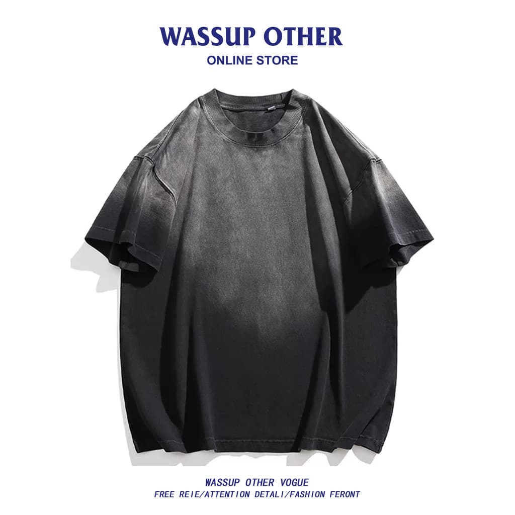 WASSUP ISSUE Camiseta masculina de manga curta gradiente retrô americana verão algodão pesado solto meia manga