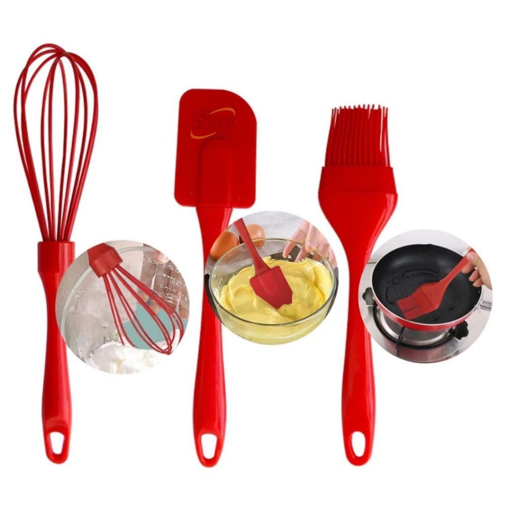 Utensílios de Cozinha Confeiteiro Kit com 3 peças Batedor, Espátula e Pincel Silicone