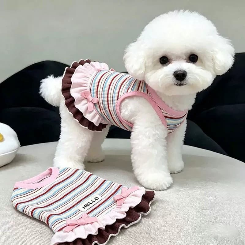Vestido Listrado Para Cachorro Com Laço , Roupas Fofas Animais De Estimação Babados , Roupa De Verão Respirável Cães Peq
