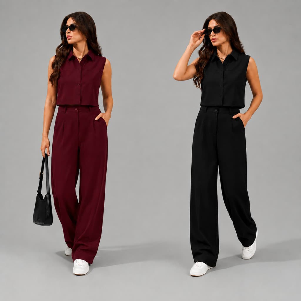 Conjunto Alfaiataria Feminino Blusa Cropped e Calça Pantalona Elegante Social Premium Gola Alta Festa Casamento Casual '