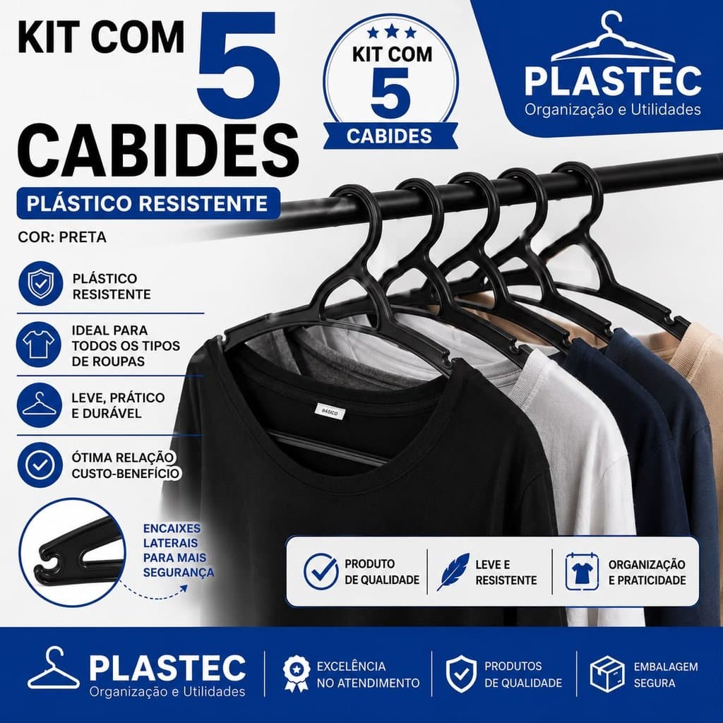 Kit 15 / 10 / 5  Cabides Pretos Reforçados Adulto Alta Qualidade Para Organizar Guarda Roupa