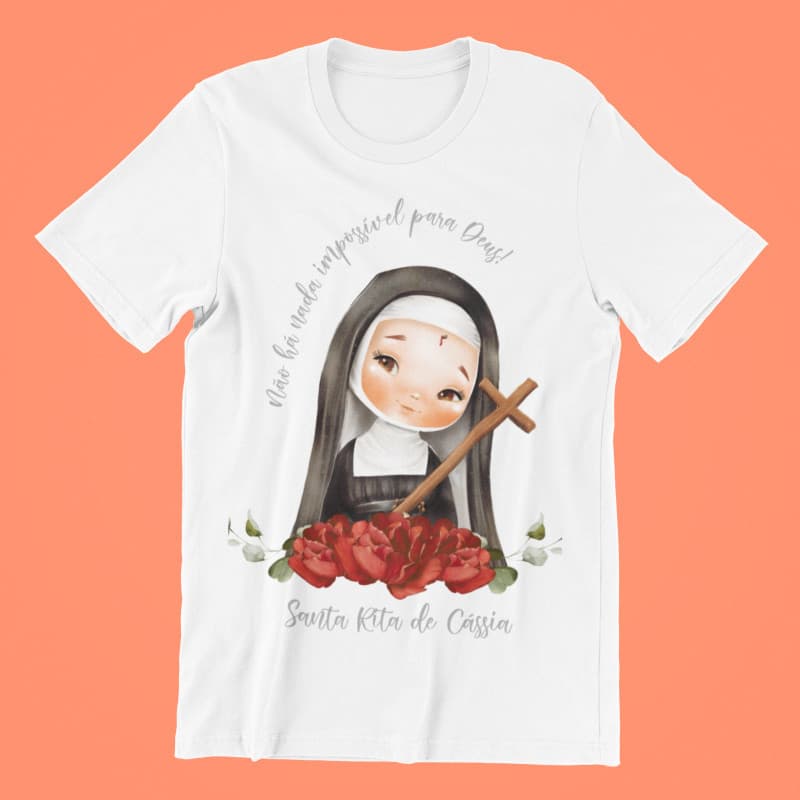 Camiseta unissex religiosa Santa Rita de Cassia cute fofa adulto e infantil