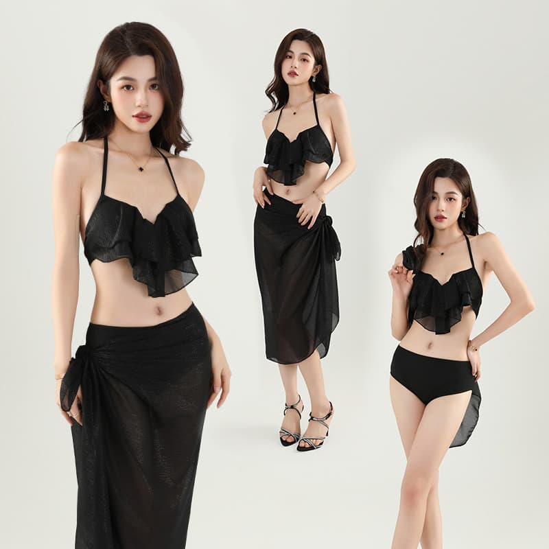 Conjunto de biquíni feminino de três peças, roupa de banho com strass brilhantes, top branco sem alças.