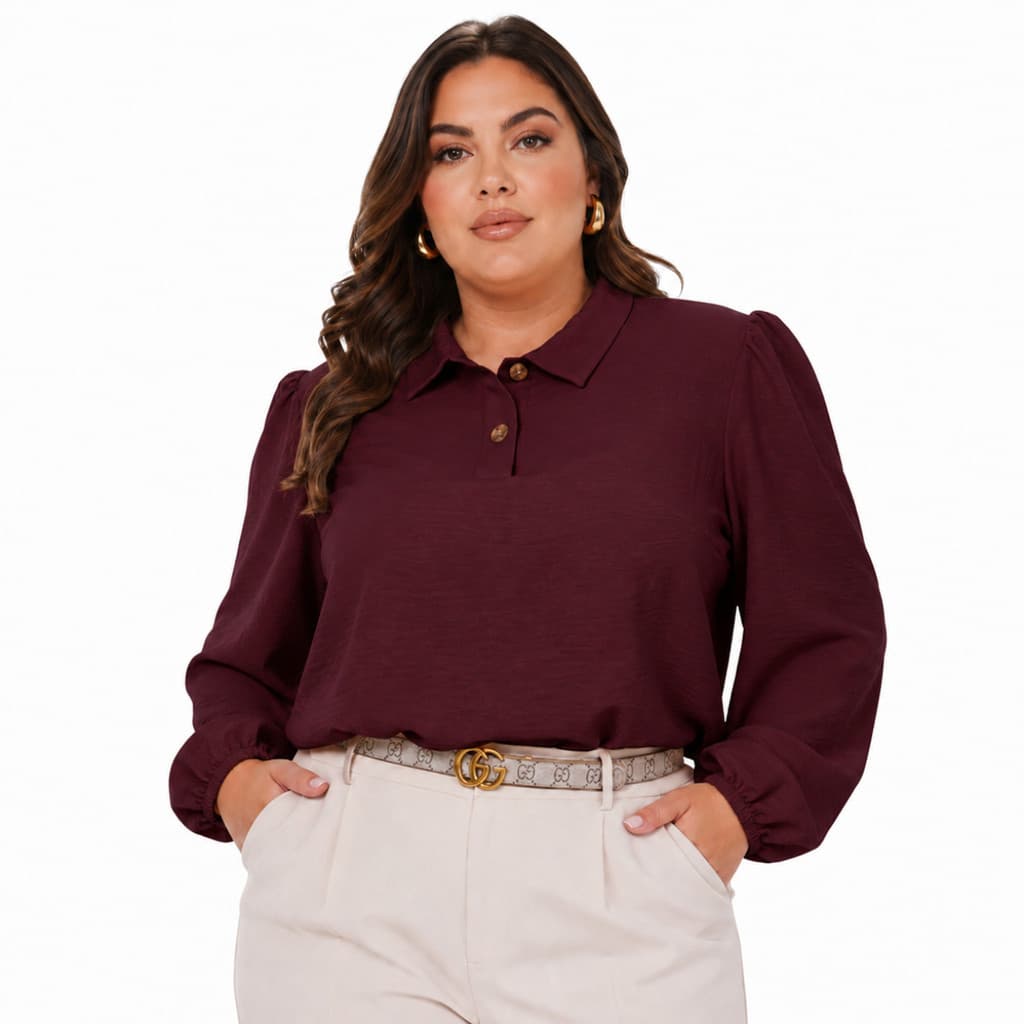 Blusa Plus Size Feminina Duna Manga Longa Bufante Gola Polo com Botões e Punhos Elásticos