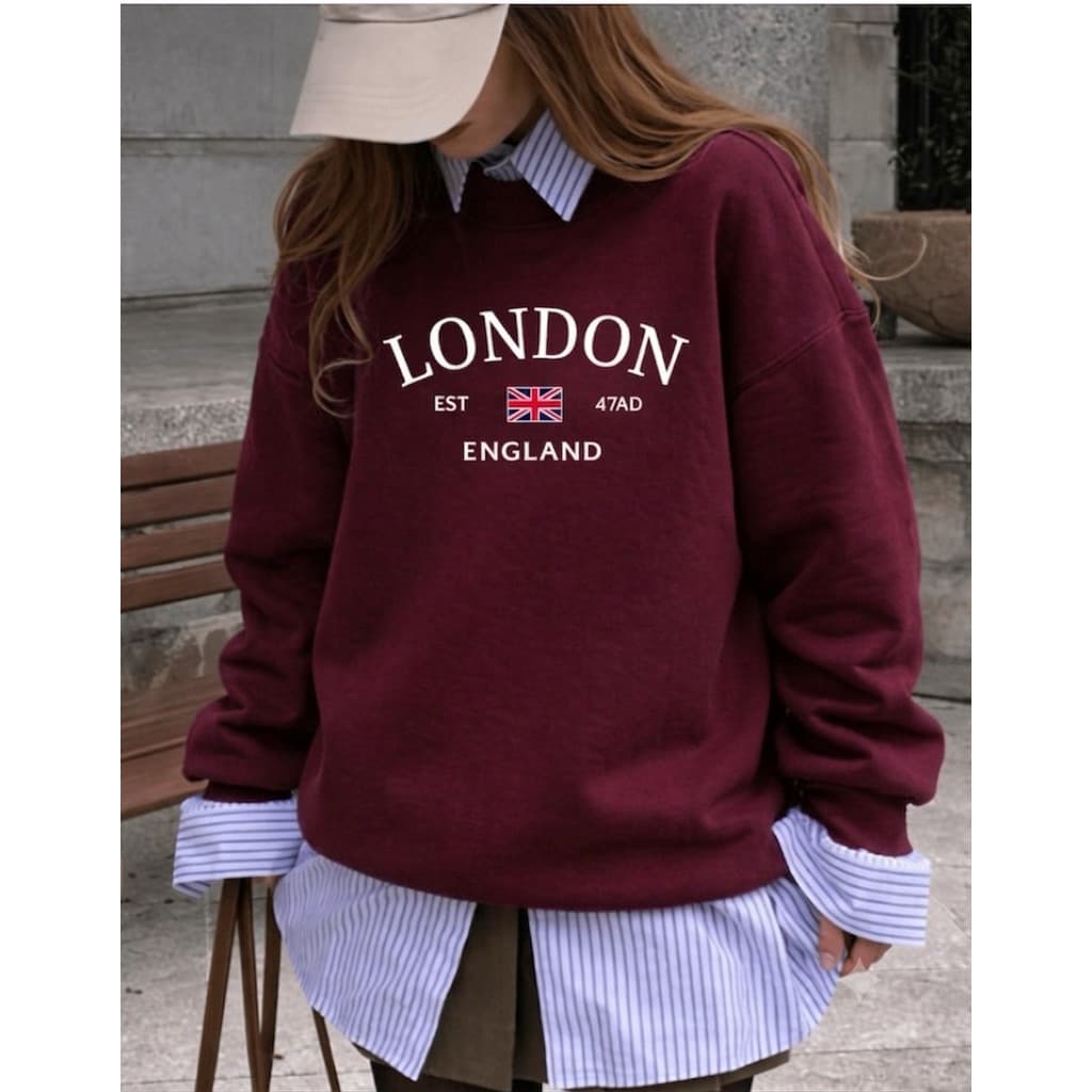 Moletom Feminino Plus Size P ao G5 Algodão Flanelado Sem Capuz London Londres Estampado Blusa De Frio Tendência Casual