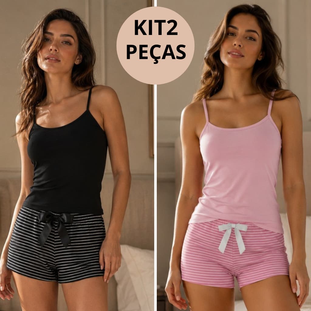 Kit 2 Conjunto Pijama Feminino Listrado – Short + Regata Para Dormir Tecido Premium
