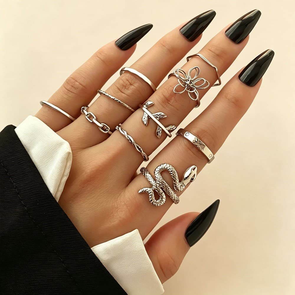 Conjunto com 10 Anéis de Prata Modelos Variados Cobra, Flor e Folha Torcida Joias Femininas Fashion