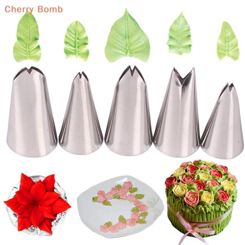 (Bomba De Cereja) 5 Peças Conjunto De Bicos De Folhas De Confeiteiro Inoxidável Dicas De Pastelaria Para Decoração De Bo