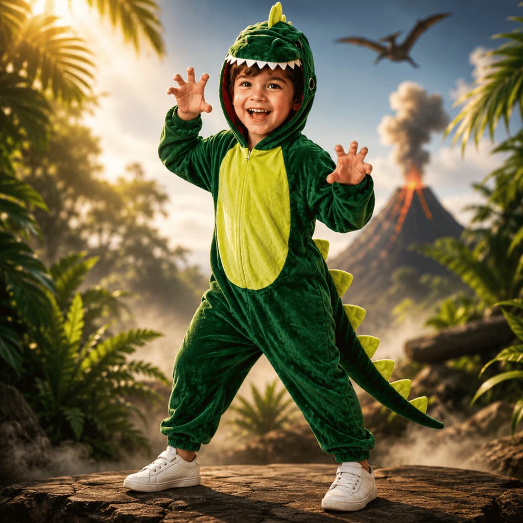 Fantasia Dinossauro Infantil Menino Macacão Longo com Capuz e Cauda Luxo Cosplay Halloween Carnaval