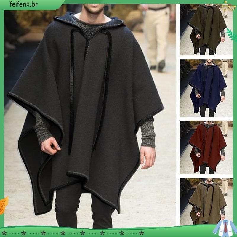 Casaco Com Franjas Estilo poncho Capuz , Quente Para Outono E Inverno , Masculino # 39casaco XMRE plus size